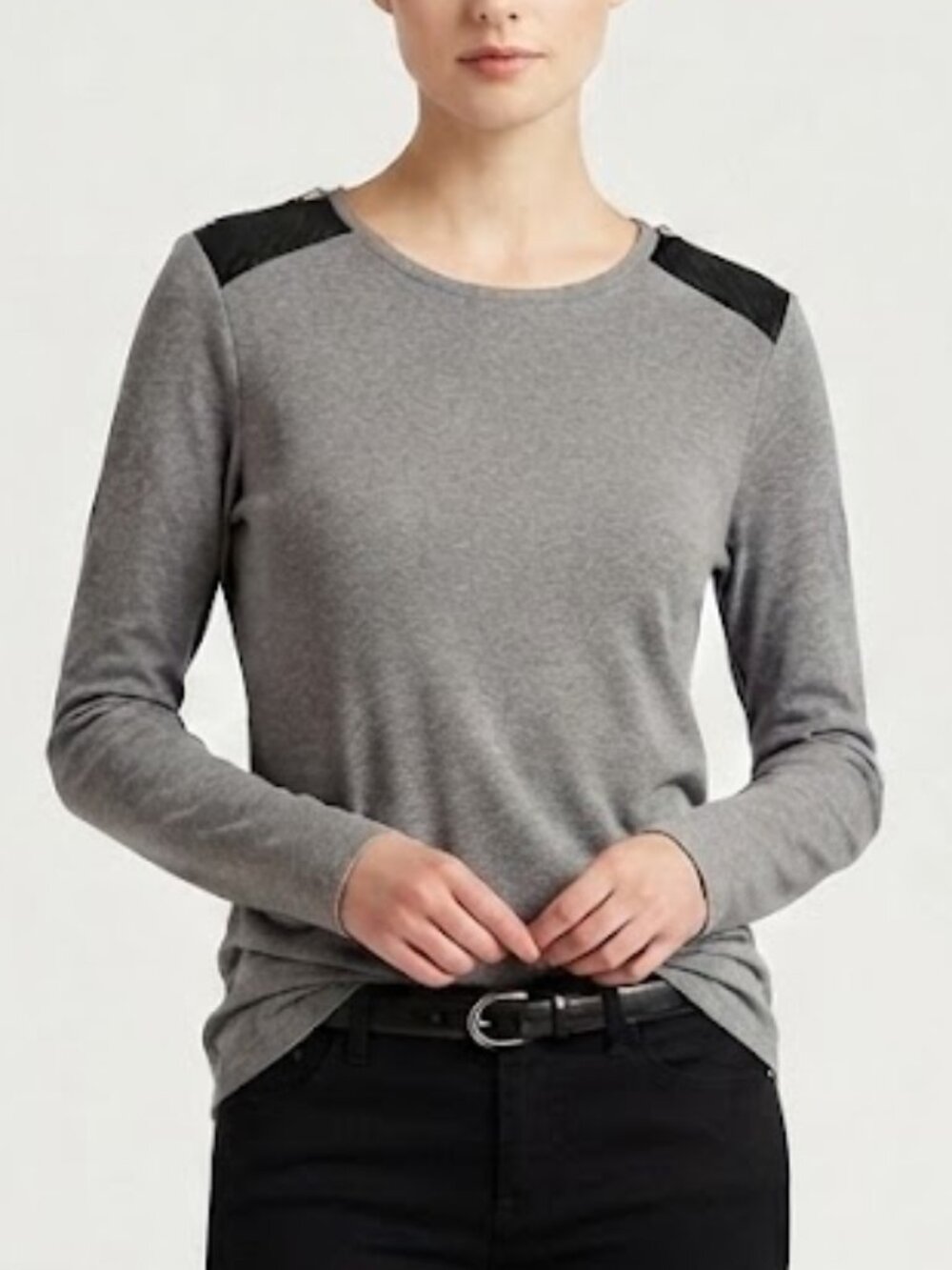 Lauren Ralph Lauren Zipper Shoulder Gray Cotton Knit Top Size L
